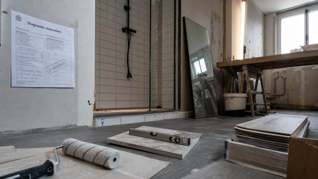 Renover une salle de bain : peinture pièces humides, sol vinyle et douche en rénovation