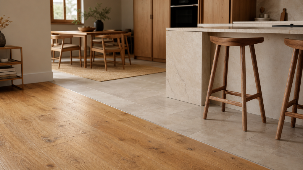 Jonction salon parquet cuisine carrelage, profilé discret et joints nets