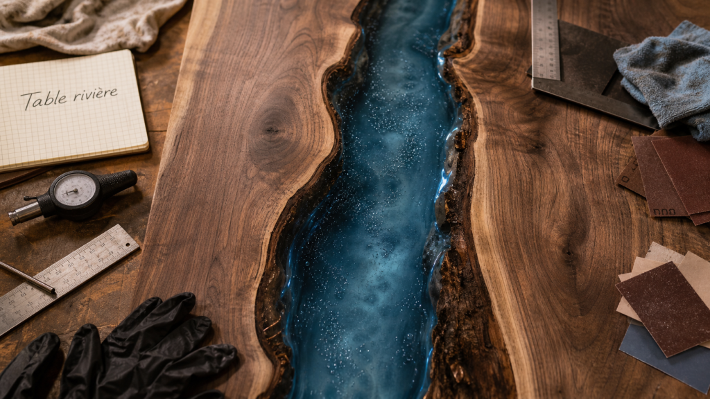 Table en résine : table rivière en bois avec résine époxy transparente