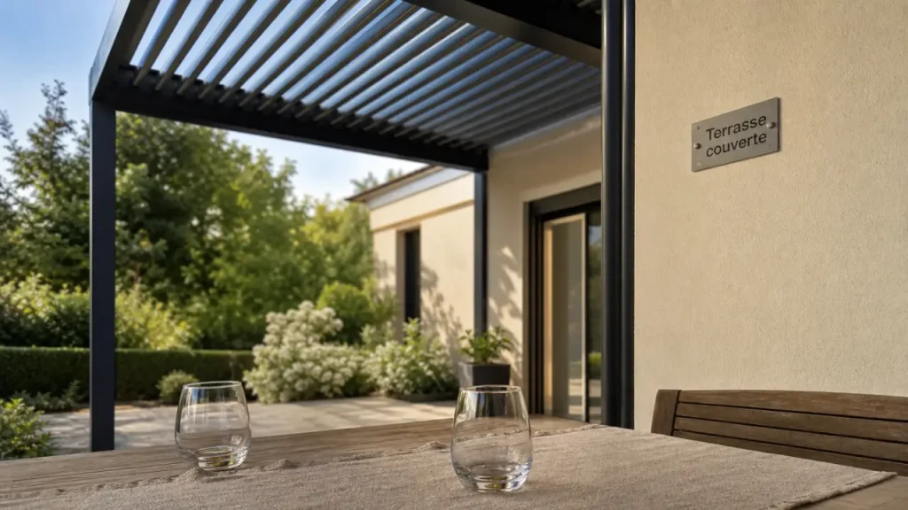 Terrasse couverte maison avec pergola alu et lames orientables