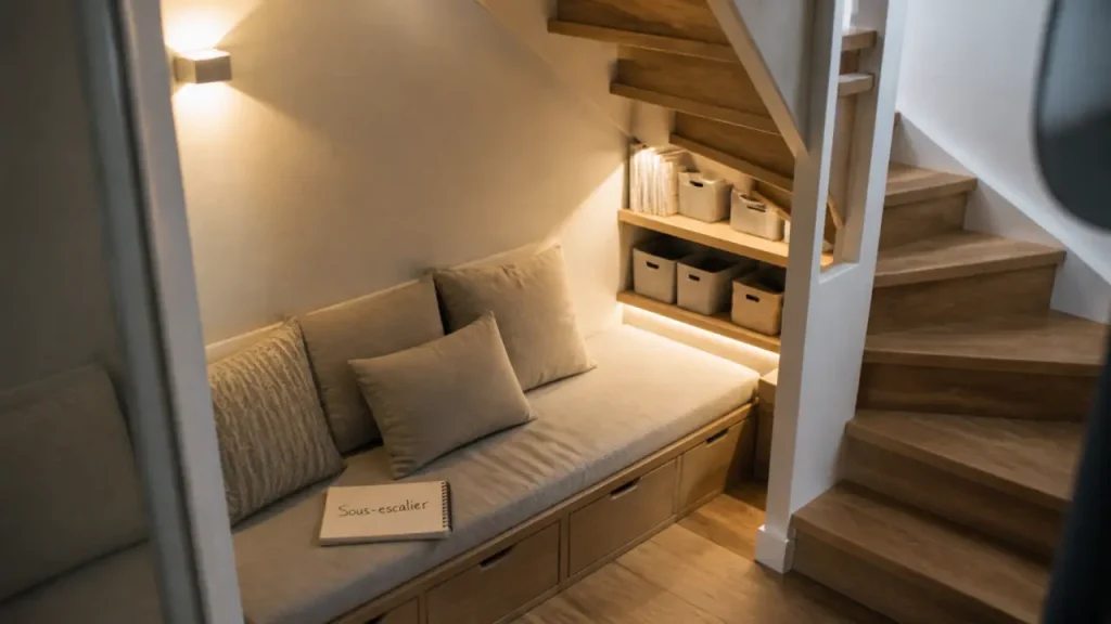 Aménagement sous escalier ouvert avec rangement sous pente, banquette et tiroirs