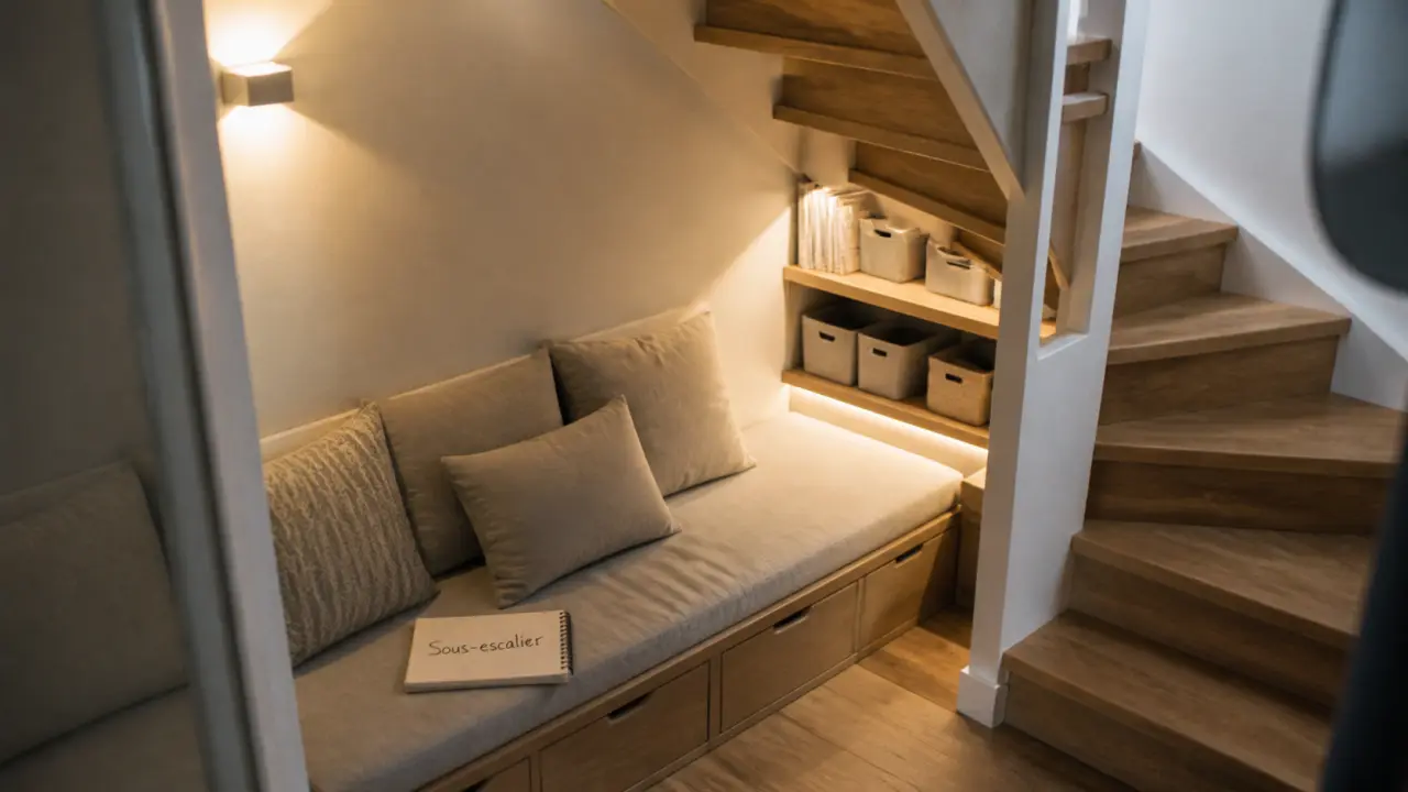Aménagement sous escalier ouvert avec rangement sous pente, banquette et tiroirs