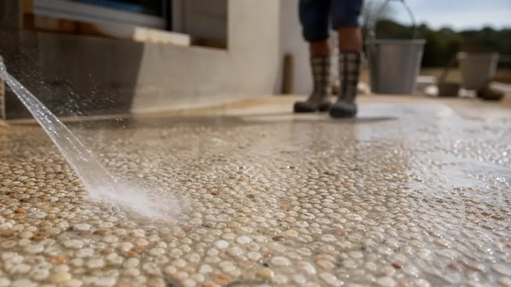 Béton lavé avec granulats apparents et traces de jet haute pression