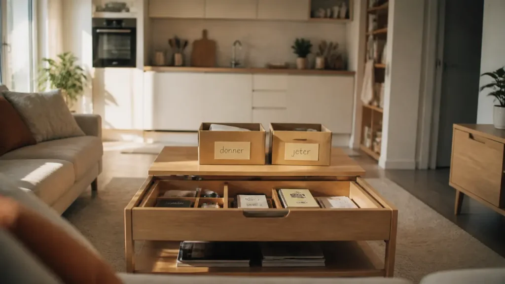 Désencombrer sa maison avant apres : salon dégagé et cuisine claire