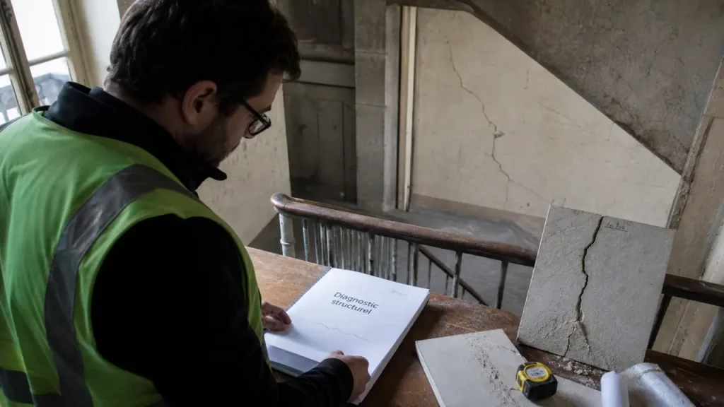 diagnostic structurel : ingénieur examine un rapport sur un immeuble