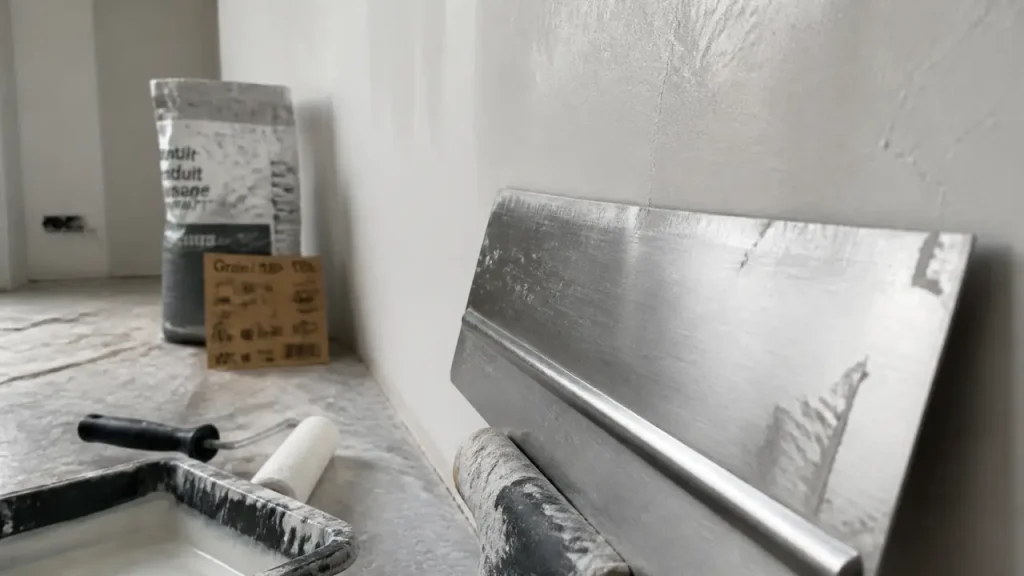 enduit au rouleau avis : lame inox et mur fraîchement enduit