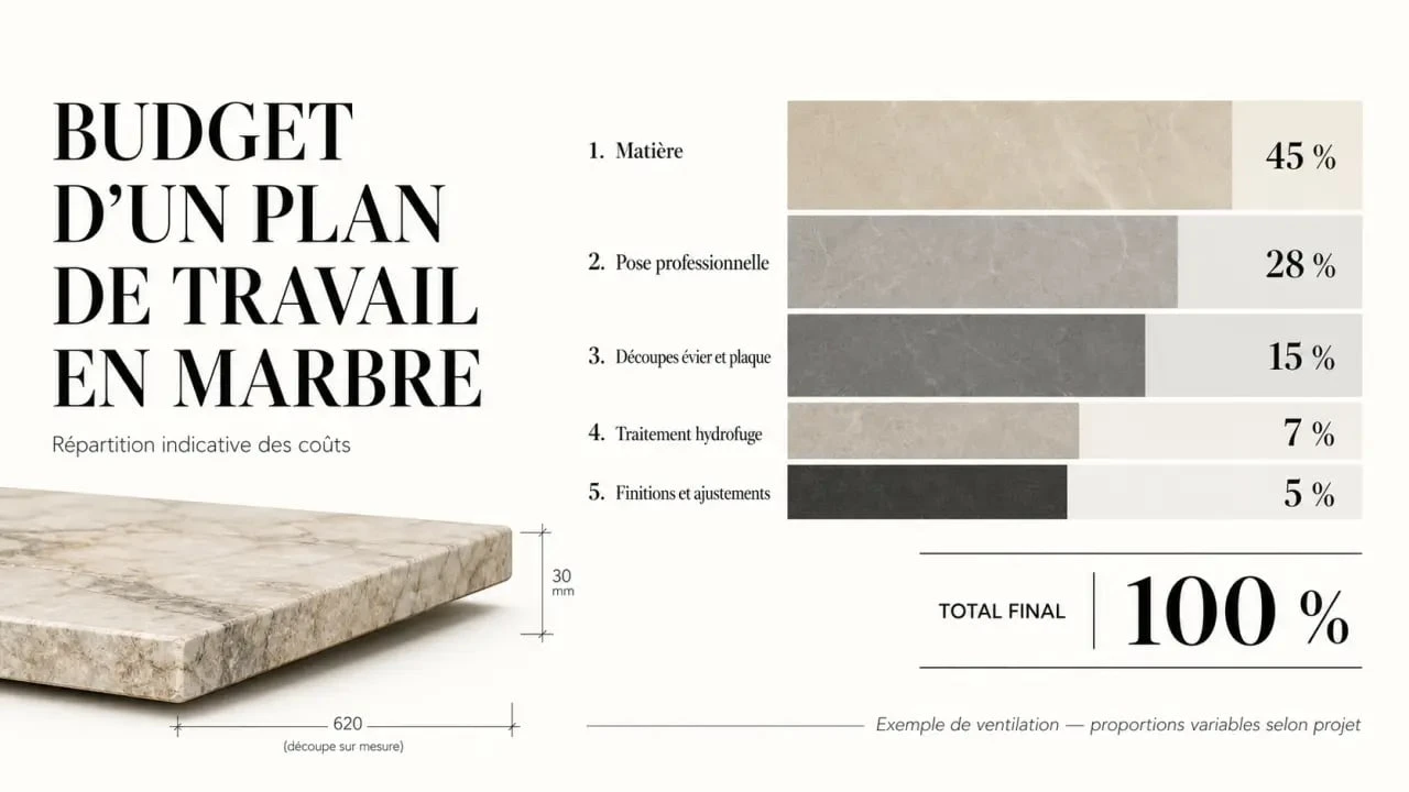 Plan de travail marbre prix m2 : budget détaillé entre pierre, pose et découpes