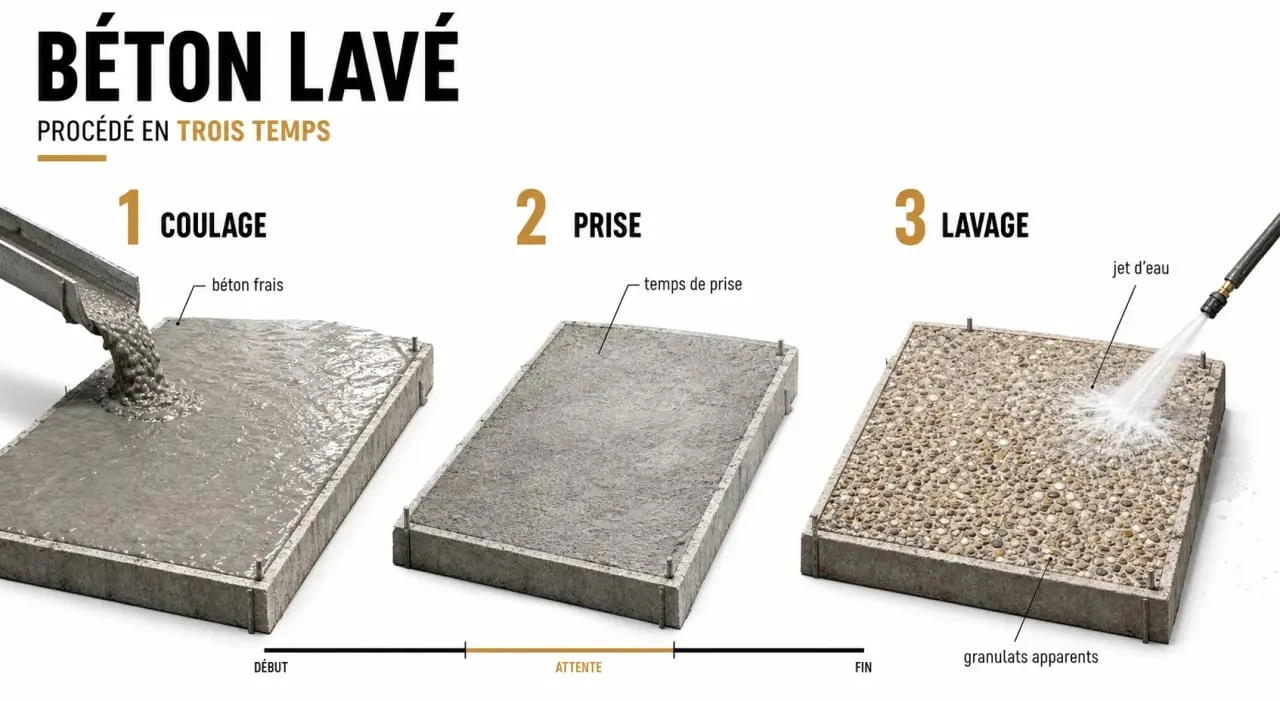 Béton lavé : schéma des étapes de coulage, lavage et révélation des granulats