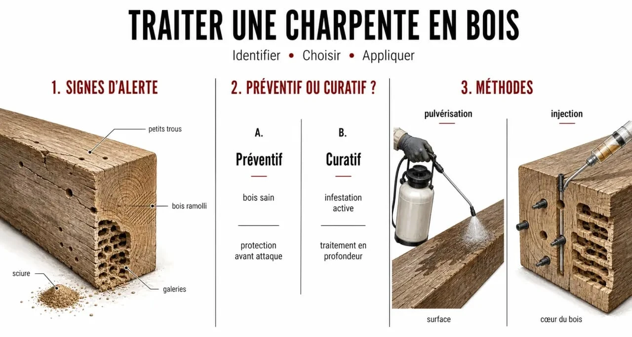 Traitement charpente bois : signes d’alerte, diagnostic et méthodes de traitement