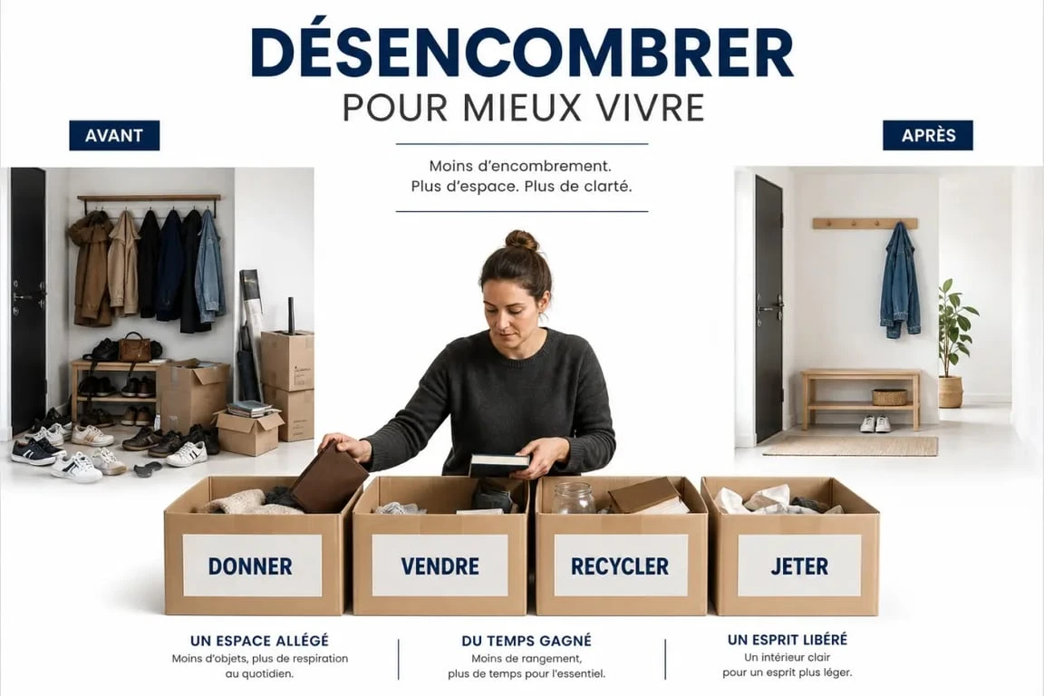 Désencombrer sa maison avant apres : tri des objets dans des boîtes donner, vendre, recycler et jeter