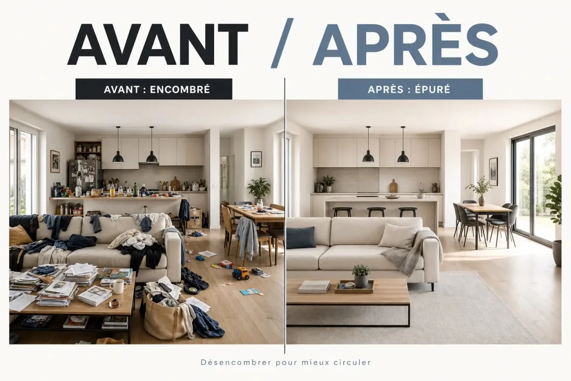 Désencombrer sa maison avant apres : salon et cuisine transformés d’un intérieur encombré à un espace lumineux