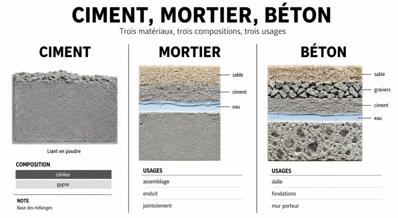 mortier beton : comparaison visuelle entre ciment, mortier et béton