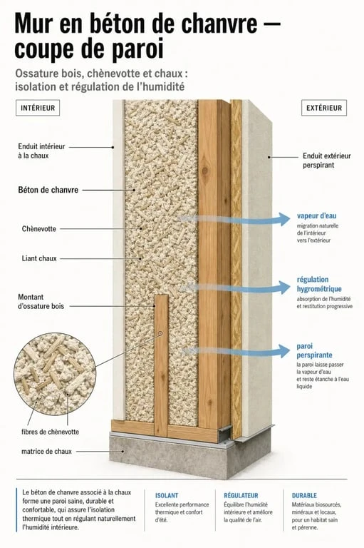 Chanvre construction : coupe d’un mur en béton de chanvre avec ossature bois et régulation de l’humidité