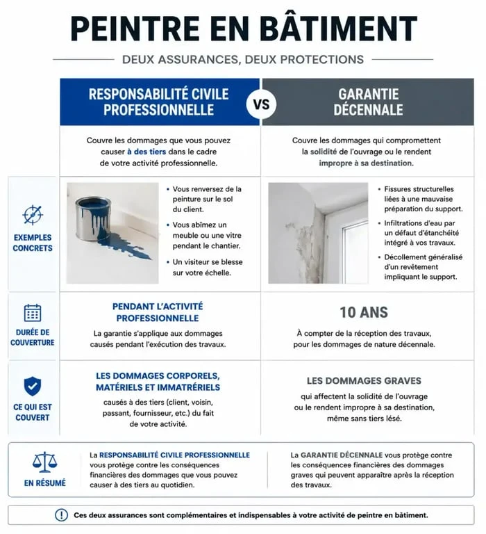 Infographie comparant la responsabilité civile professionnelle et la garantie décennale pour un peintre en bâtiment