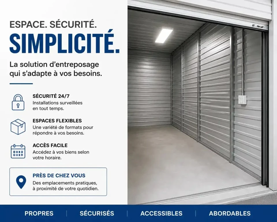 Intérieur d'un box de stockage avec électricité, prise électrique et éclairage LED pour faciliter le rangement.