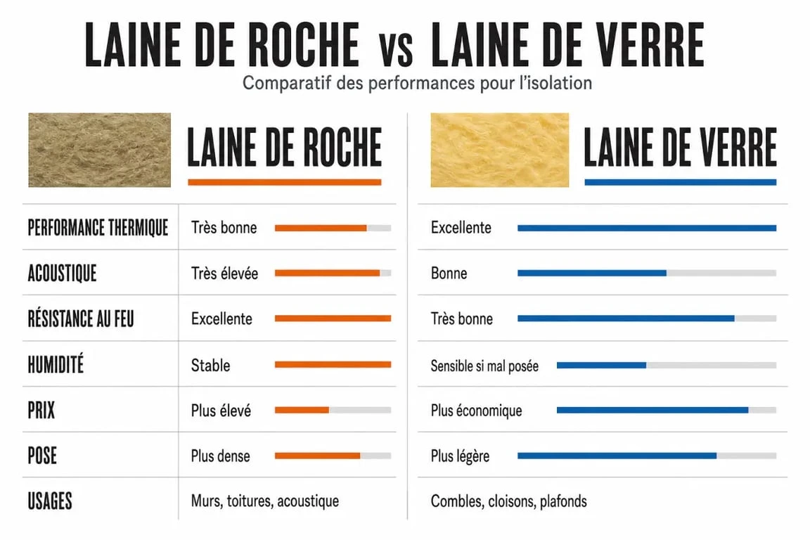Comparatif laine de roche et laine de verre avec critères thermique, acoustique, feu, humidité, prix et usages