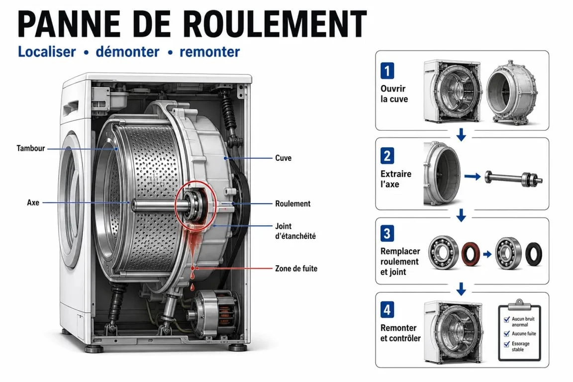 Changer un roulement sur machine à laver : schéma simplifié du tambour, de l’axe et du roulement usé