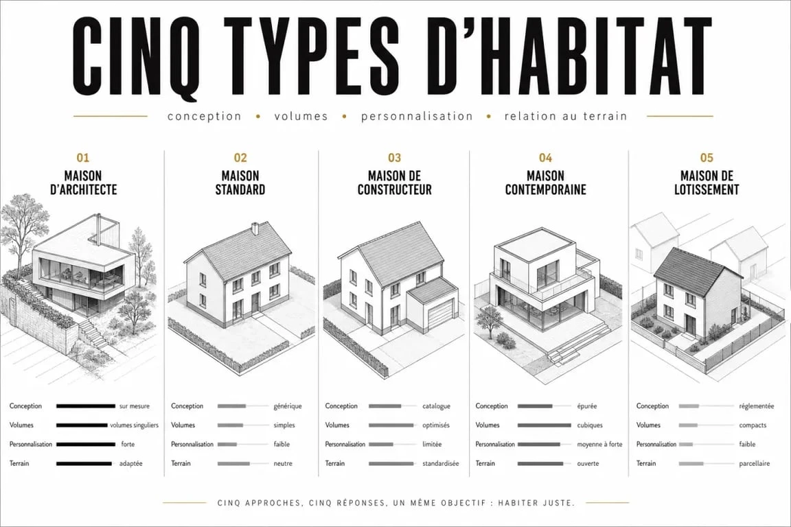 qu'est ce qu'une maison d'architecte : comparaison visuelle avec une maison standard, une maison de constructeur, une maison contemporaine et une maison de lotissement