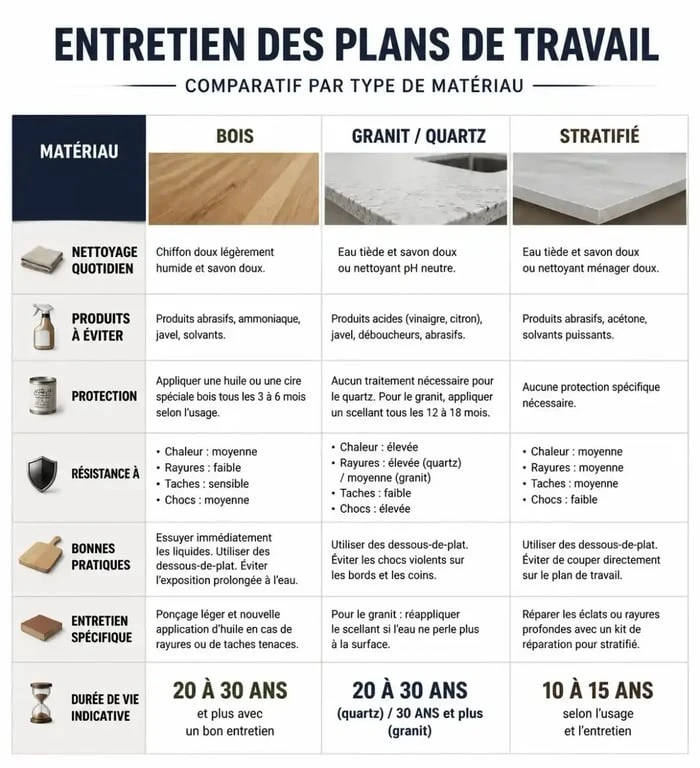 Guide d'entretien des plans de travail par matériau pour un nettoyage efficace