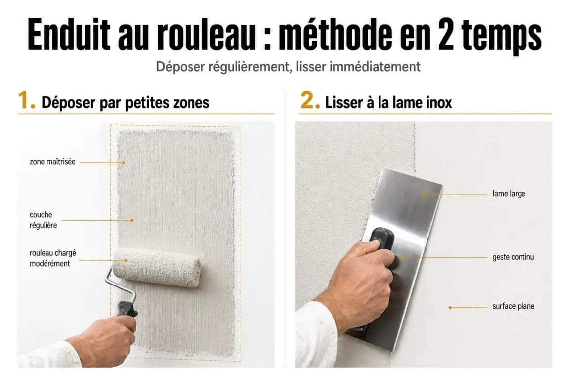 Enduit au rouleau avis : application au rouleau puis lissage à la lame inox sur mur intérieur sain