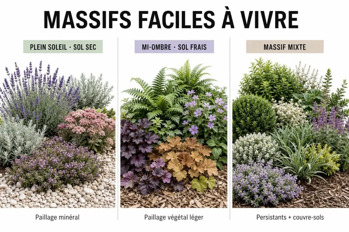 Créer un massif sans entretien en trois compositions adaptées au soleil, à la mi-ombre et aux arbustes persistants