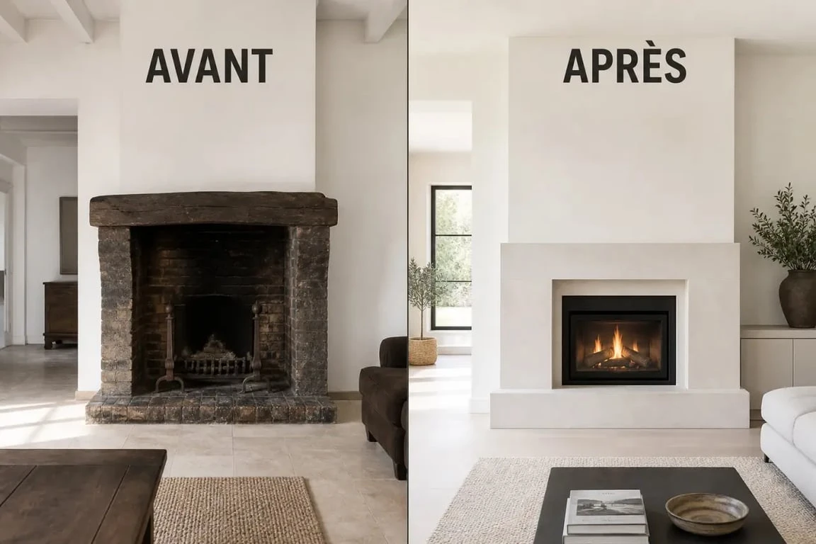 Habillage ancienne cheminée avant/après dans un salon moderne