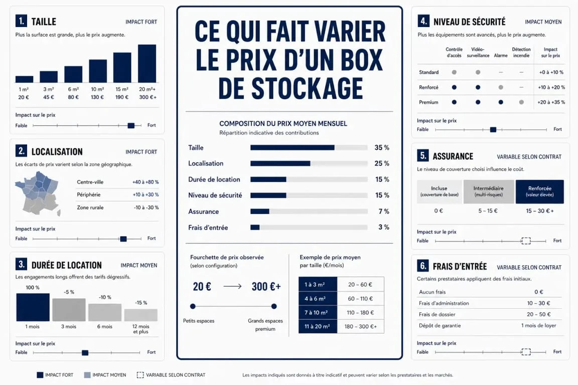 Infographie du prix box de stockage montrant les facteurs de coût et le total à comparer