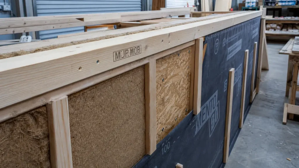 Mur à ossature bois : montants, OSB et pare-pluie sur chantier