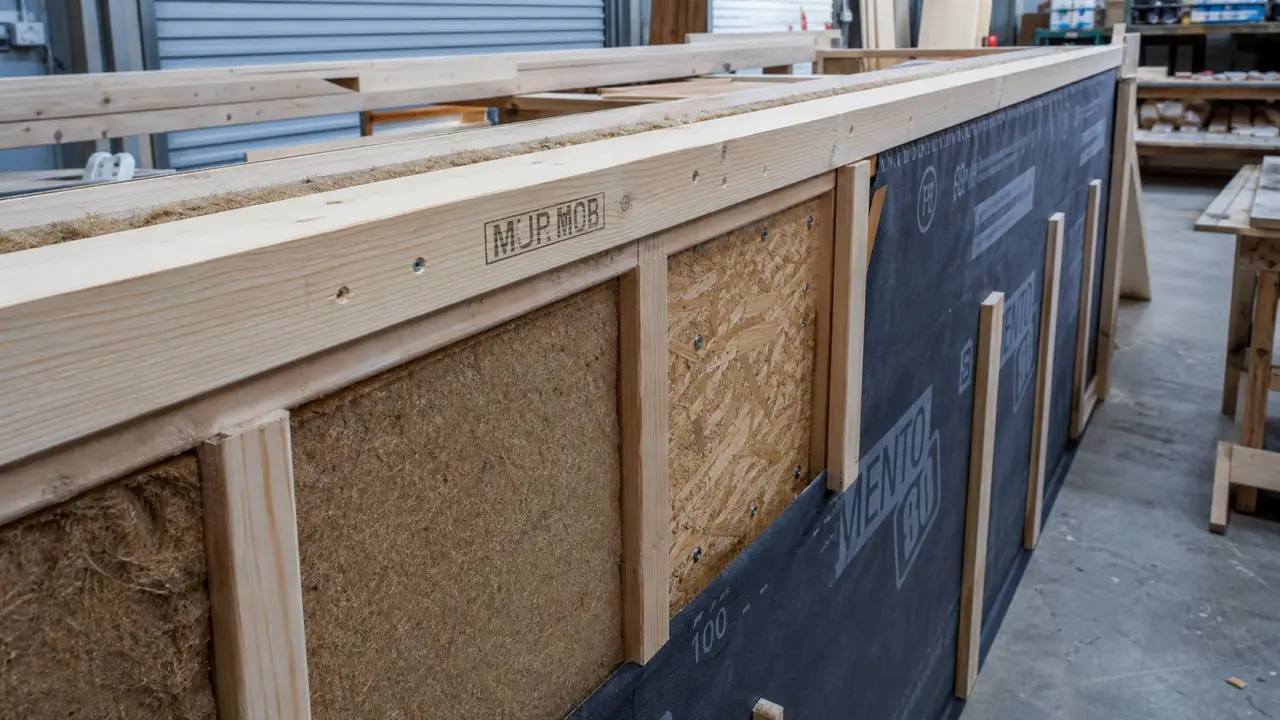Mur à ossature bois : montants, OSB et pare-pluie sur chantier
