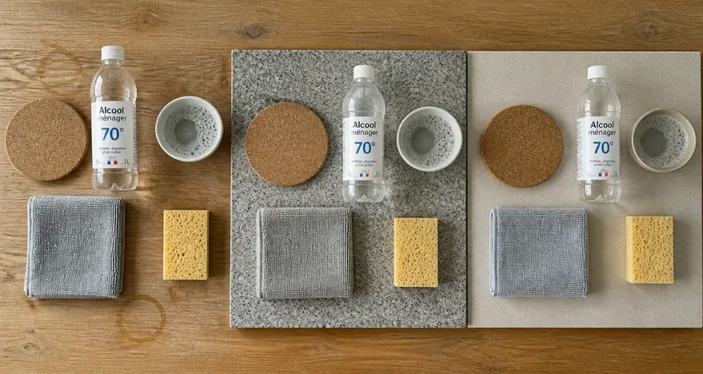 Nettoyant plan de travail pour bois, granit et stratifié : chiffon, éponge, alcool ménager