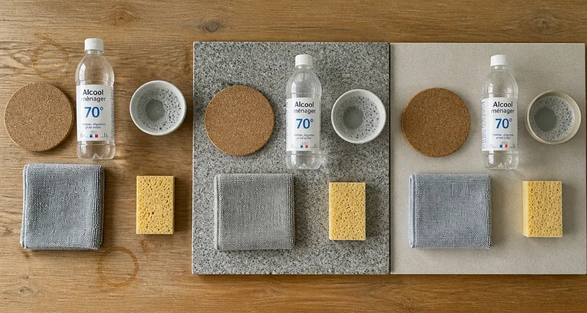 Nettoyant plan de travail pour bois, granit et stratifié : chiffon, éponge, alcool ménager