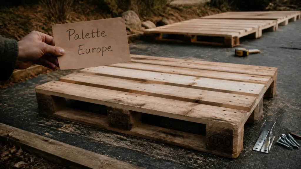 Palette pour terrasse : palette Europe en bois brut sur base nivelée