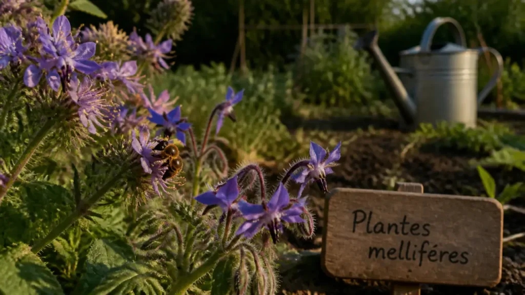 Plantes mellifere : abeille sur phacélie et bourrache, pollen visible