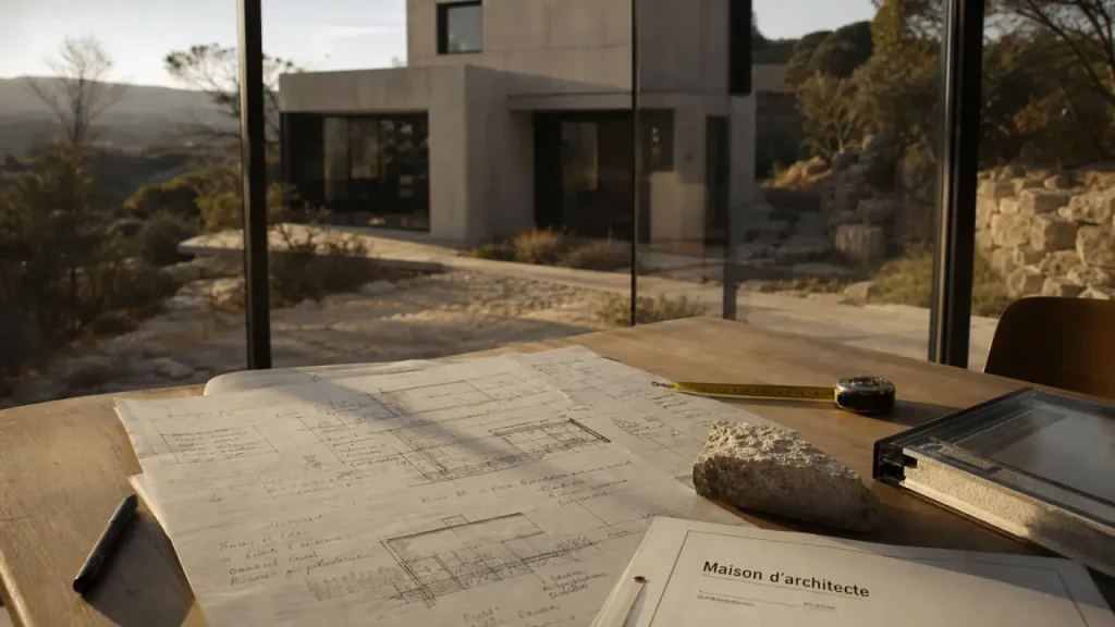 Qu’est ce qu’une maison d’architecte : plans et mètre sur chantier, maison sobre visible