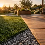 Déco jardin avec gazon synthétique, bordure en gravier, bois et lumière