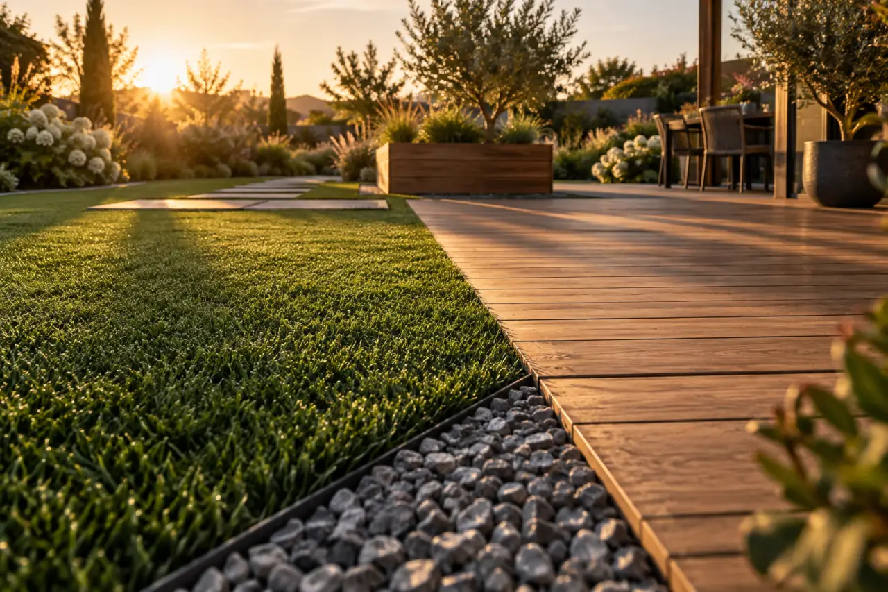 Déco jardin avec gazon synthétique, bordure en gravier, bois et lumière