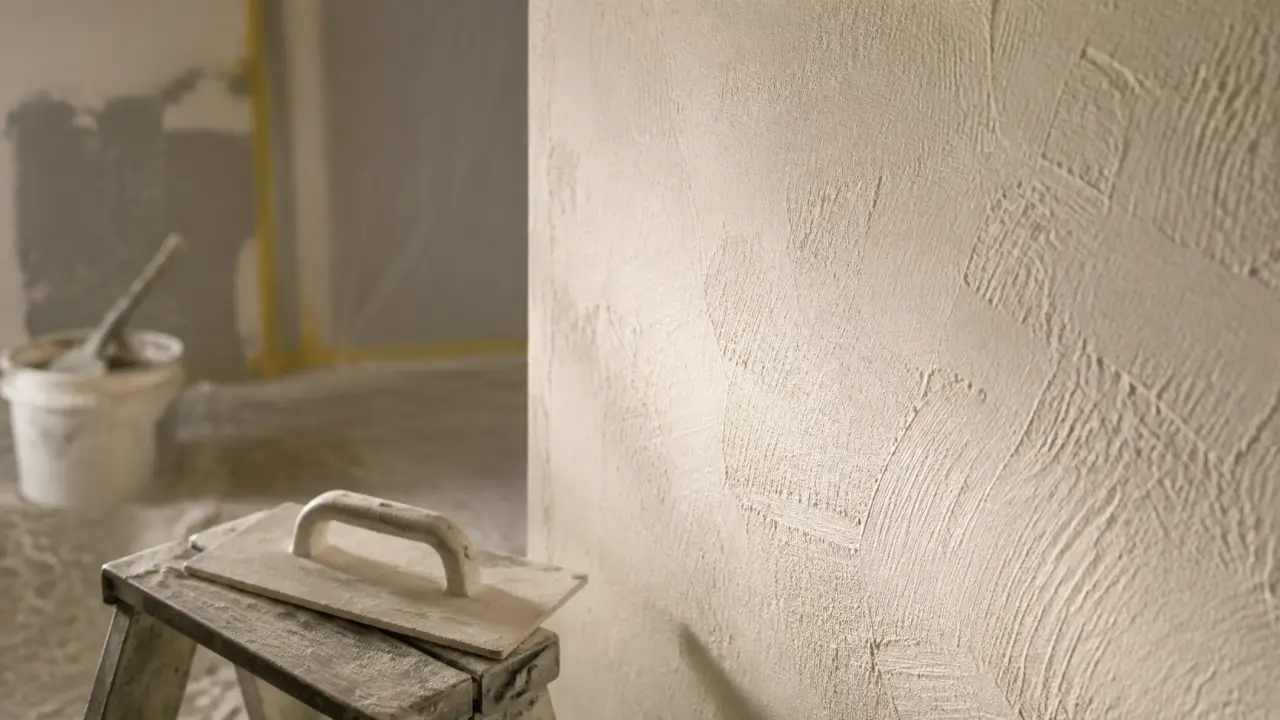 Enduit coton mural : mur fraîchement enduit coton, texture textile en relief
