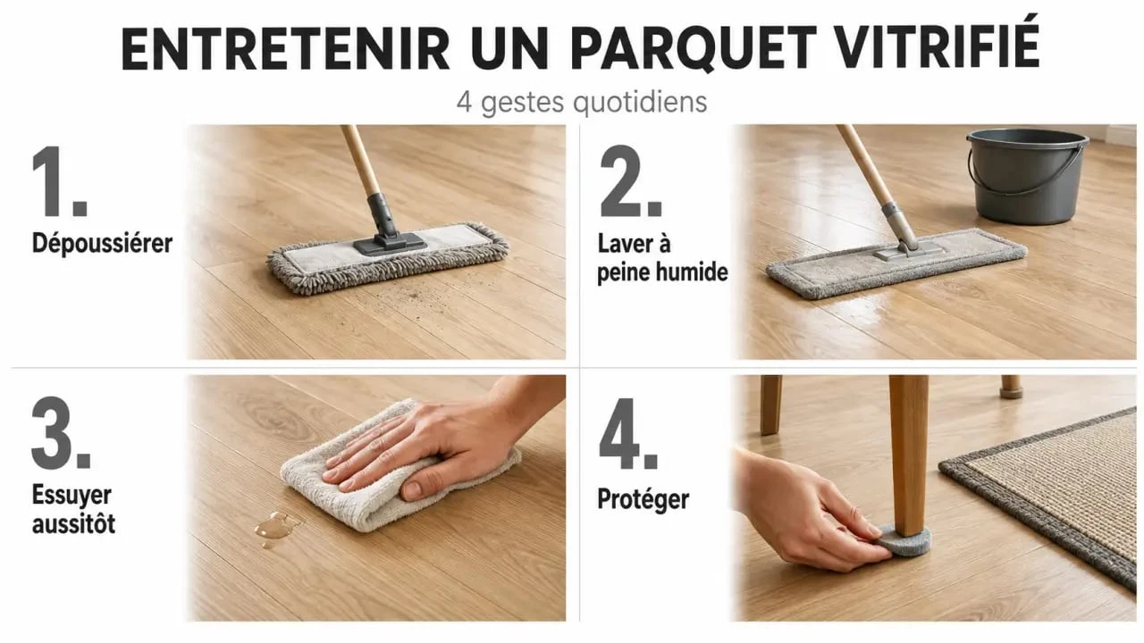 Entretenir un parquet vitrifié : gestes quotidiens avec balai microfibre, serpillière à peine humide et patins sous les meubles