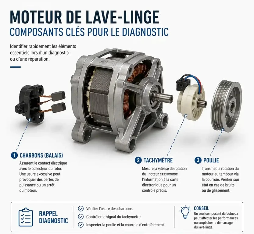 Schéma explicatif des composants d'un moteur de machine à laver pour diagnostic
