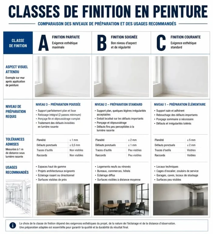 Tableau comparatif des classes de finition a peinture A, B et C