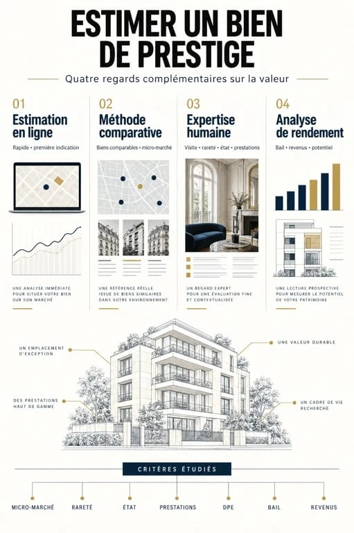 Infographie sur l’estimation immobilière de prestige et les méthodes d’évaluation