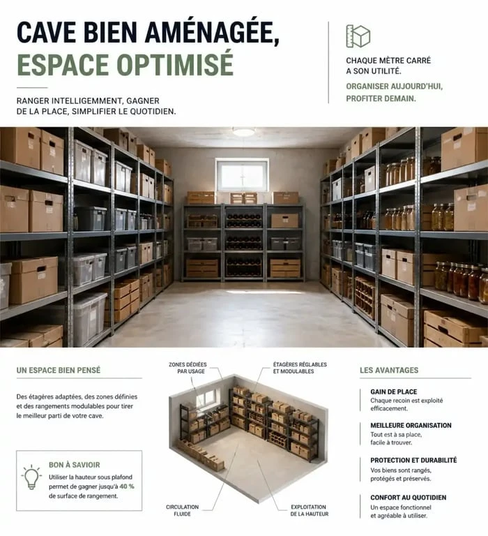 Optimisation de l'espace pour une location cave particulier avec étagères métalliques