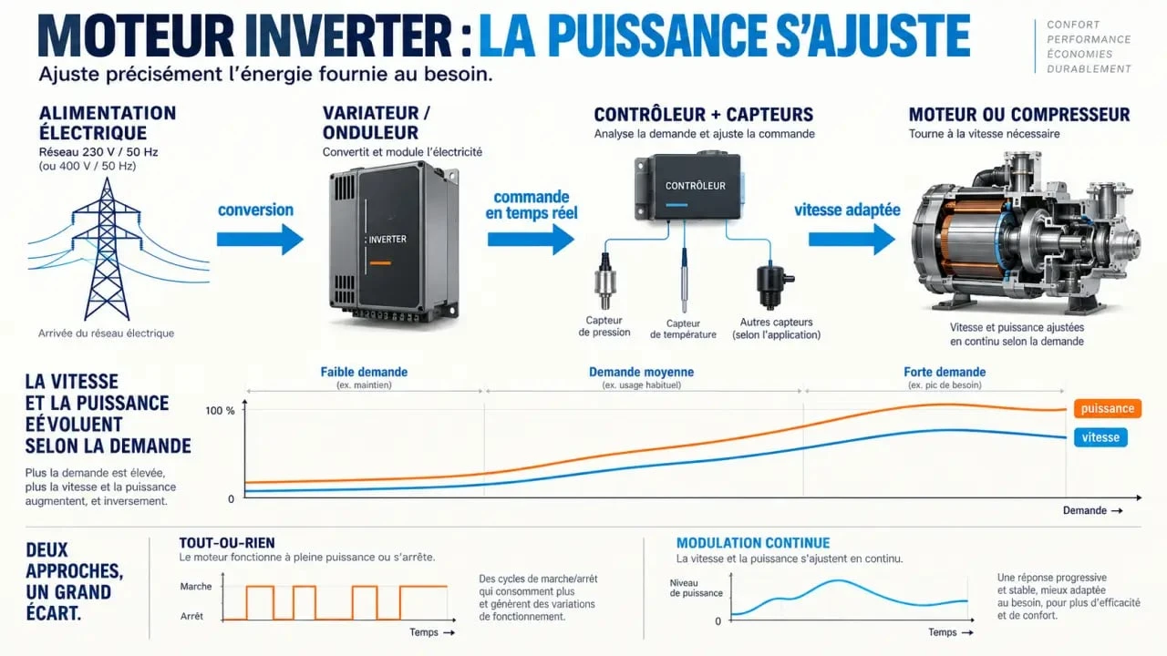 Schéma explicatif du fonctionnement d’un moteur inverter et de la modulation de sa puissance