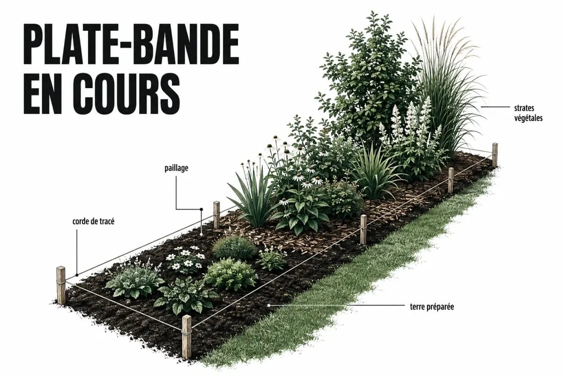 Plate bande jardin en création le long d'une pelouse avec tracé au sol, plantations par strates et paillage
