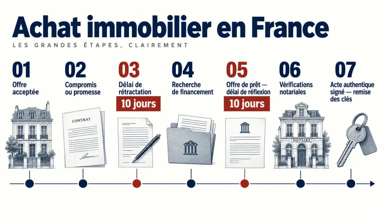 Étapes achat immobilier délai : calendrier visuel de l’offre à la remise des clés