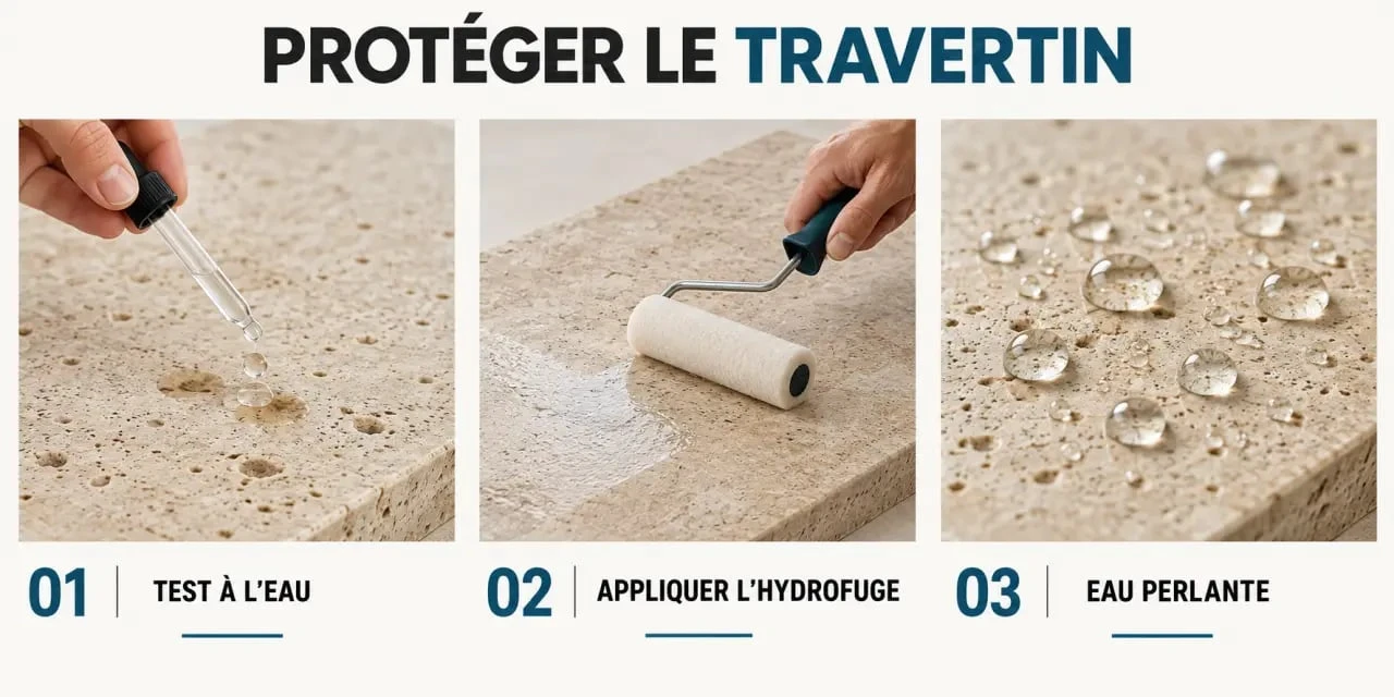 Entretien du travertin avec test de la goutte d'eau et application d'un hydrofuge