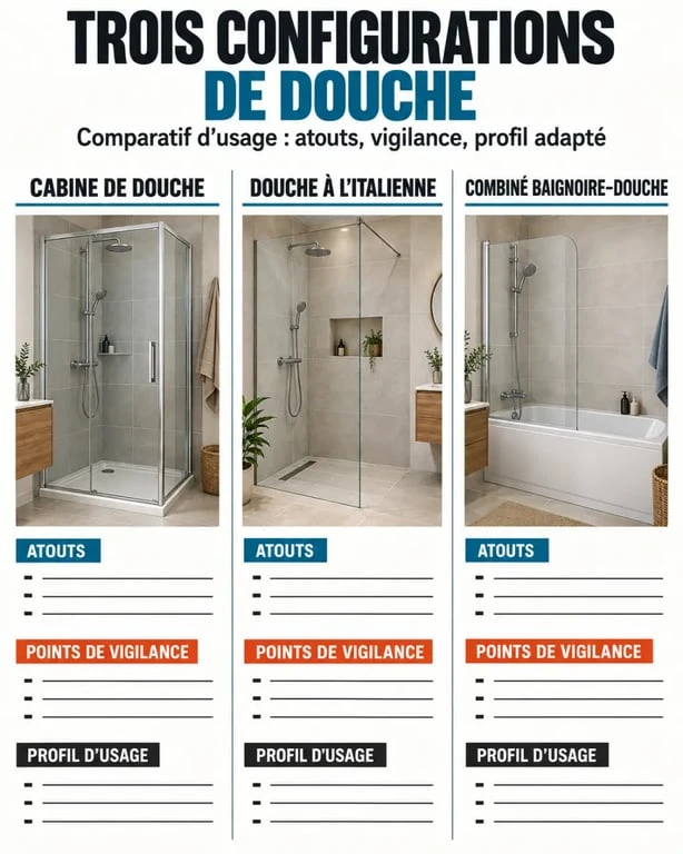 Infographie comparative des solutions de salle de bain douche : cabine, douche à l'italienne et baignoire-douche