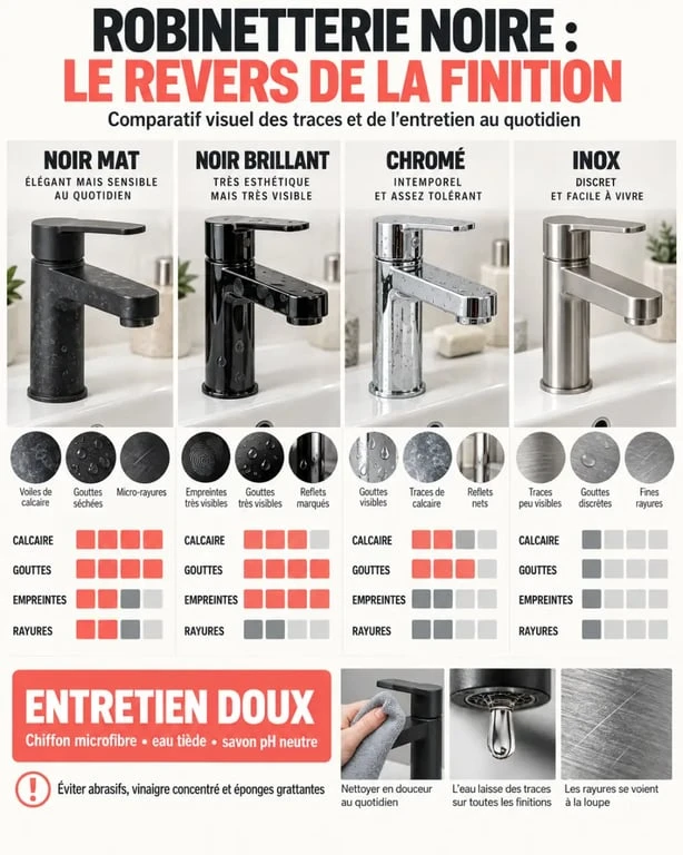 Infographie sur la robinetterie noire inconvénient : traces de calcaire, rayures et entretien comparés au chrome et à l’inox