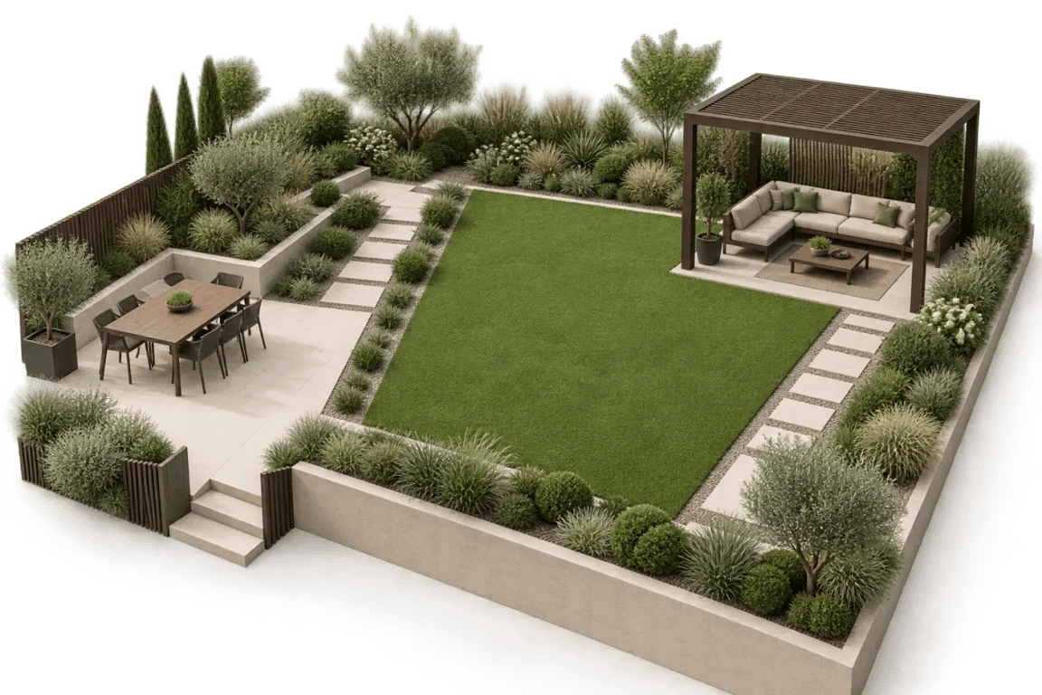 Déco jardin avec gazon synthétique organisé en coin repas, détente et espace familial
