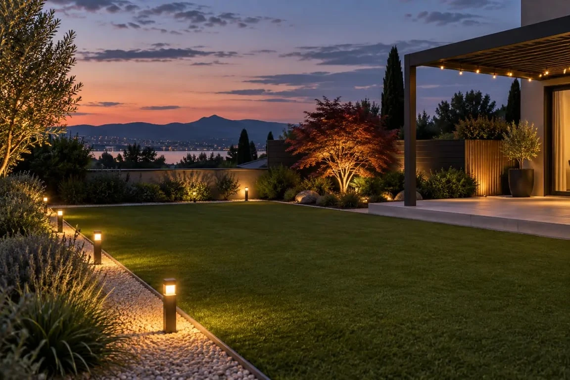 Déco jardin avec gazon synthétique éclairé le soir autour d'une pergola